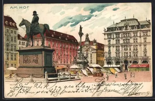 Lithographie Wien I, Am Hof, Marktstände am Denkmal