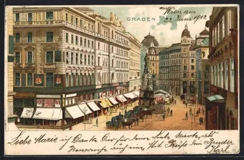 Lithographie Wien, Graben, Strassenpartie im Ort