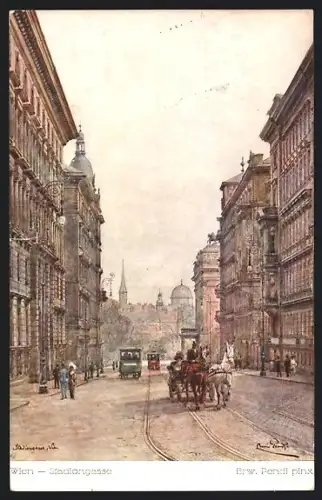 Künstler-AK Erwin Pendl: Wien, Partie in der Stadiongasse, Strassenbahn