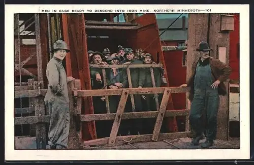 AK Mesabi, MN, Men in cage ready to descend into the iron mine