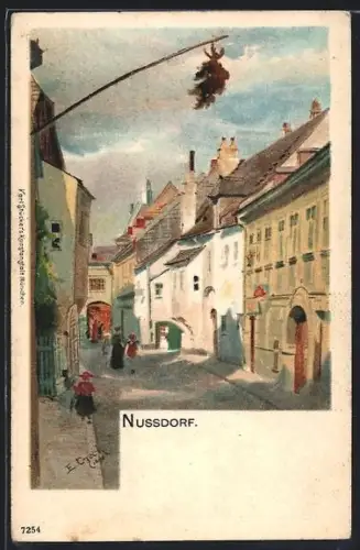 Lithographie Wien, Nussdorf, Strassenansicht mit Häusern