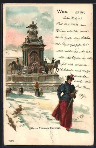 Lithographie Wien, Maria Theresien Platz, Blick zum Maria Theresia-Denkmal