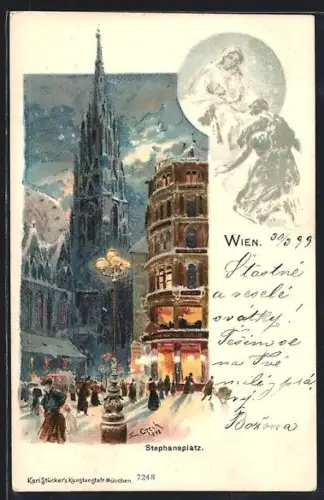 Künstler-Lithographie Emil Czech: Wien, Stephansplatz mit Passanten