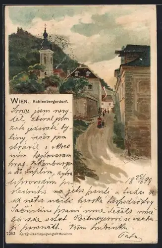 Lithographie Wien, Strassenpartie in Kahlenbergerdorf