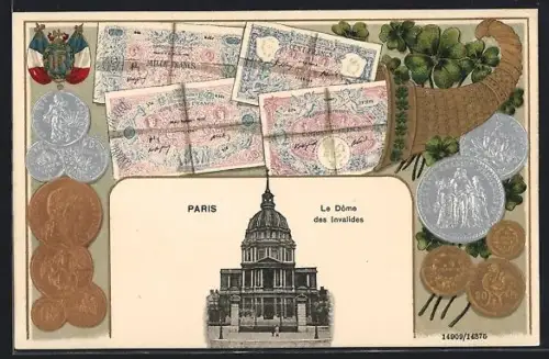 AK Paris, Le Dôme des Invalides mit Geldscheinen und Münzen in einem Horn