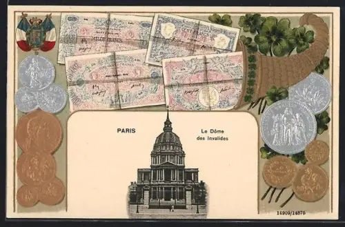 AK Paris, Le Dôme des Invalides mit Geldscheinen und Münzen in einem Horn