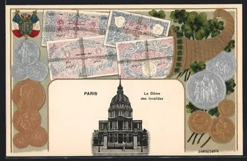 AK Paris, Le Dôme des Invalides mit Geldscheinen und Münzen in einem Horn