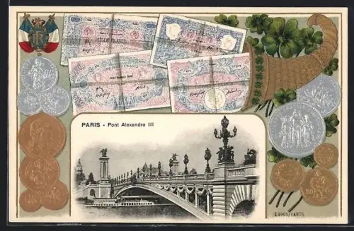 AK Paris, Pont Alexandre III mit Geldscheinen und Münzen in einem Horn