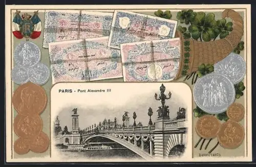 AK Paris, Pont Alexandre III mit Geldscheinen und Münzen in einem Horn