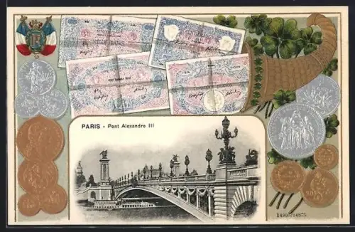 AK Paris, Pont Alexandre III mit Geldscheinen und Münzen in einem Horn