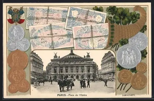 AK Paris, Opéra Garnier, Geldnoten und Münzen