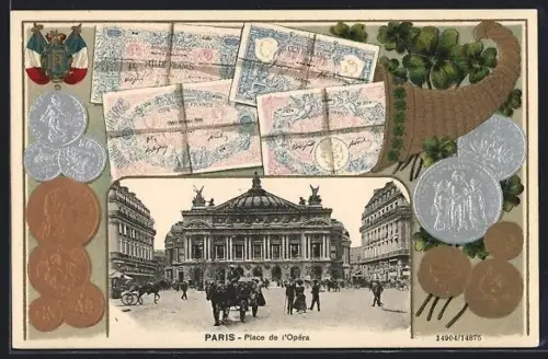 AK Paris, Opéra Garnier, Geldnoten und Münzen