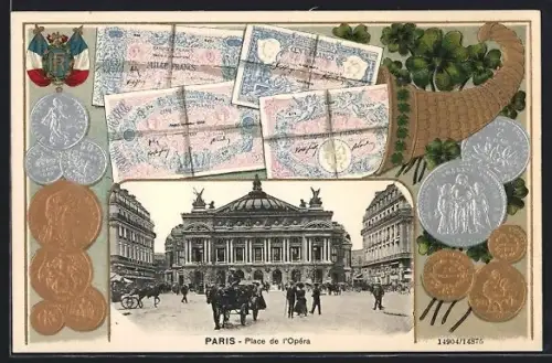 AK Paris, Opéra Garnier, Geldnoten und Münzen