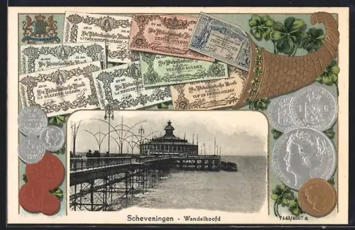 AK Scheveningen, Wandelhoofd, Füllhorn voller Geld und Seebrücke