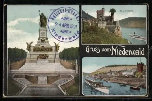 AK Niederwald, Burg Rheinstein, Nationaldenkmal Rüdesheim