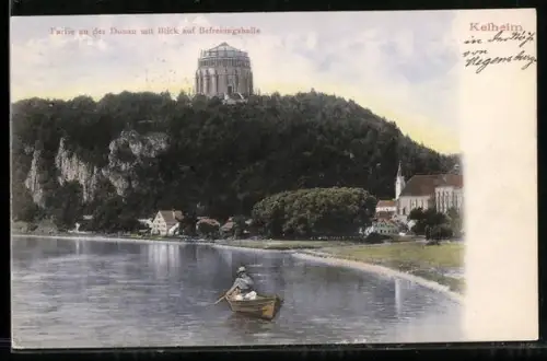 AK Kelheim, Partie an der Donau mit Blick auf Befreiungshalle