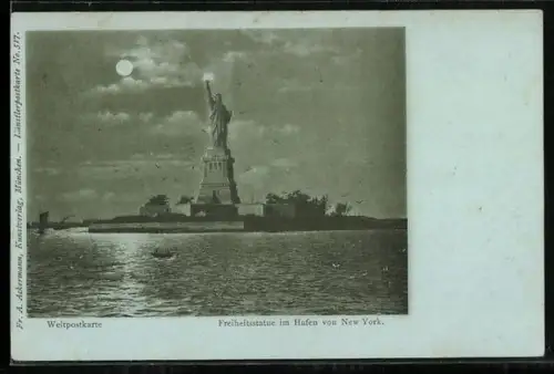 Mondschein-AK New York City, Freiheitsstatue im Hafen von New York