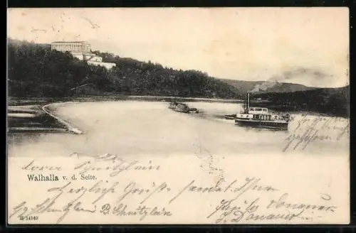 AK Walhalla, Blick von der Seite mit Dampfer