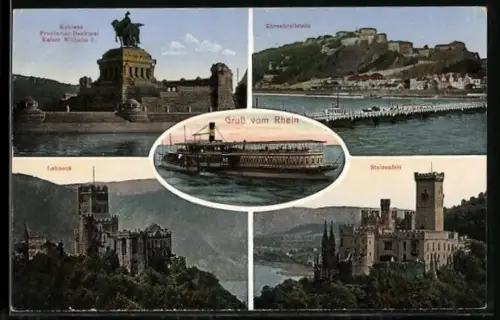 AK Koblenz, Provintial-Denkmal Kaiser Wilhelm I., Ehrenbreitstein, Stolzenfels, Lahneck, Rhein-Dampfer