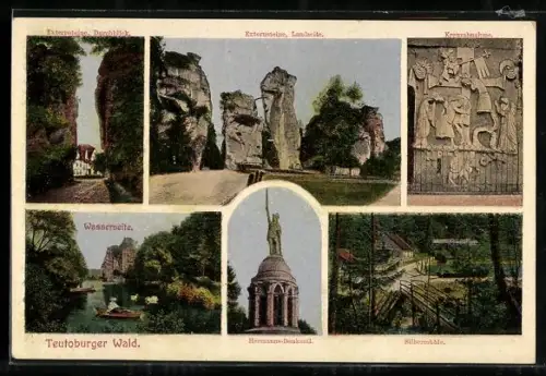AK Horn / Westf., Externsteine, Durchblick, Landseite, Wasserseite, Hermanns-Denkmal, Silbermühle, Relief Kreuzabnahme
