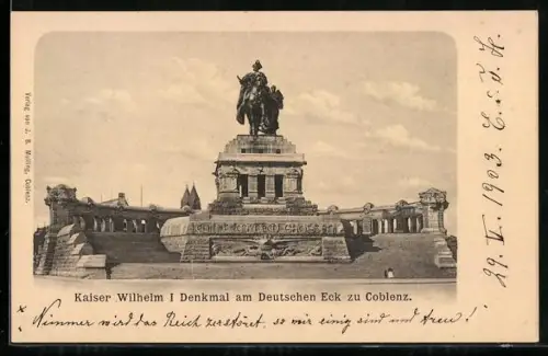 AK Coblenz, Kaiser Wilhelm I. Denkmal am Deutschen Eck