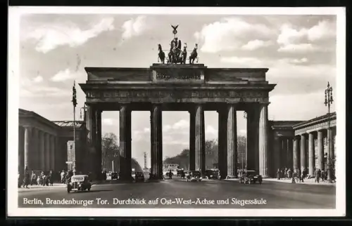 AK Berlin, Brandenburger Tor mit Durchblick auf die Ost-West-Achse und Siegessäule