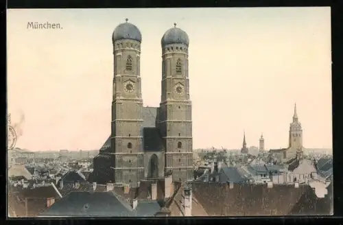 AK München, Frauenkirche mit Stadtpanorama