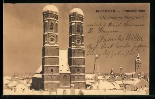 AK München, Frauenkirche im Winter, Neujahrsgruss
