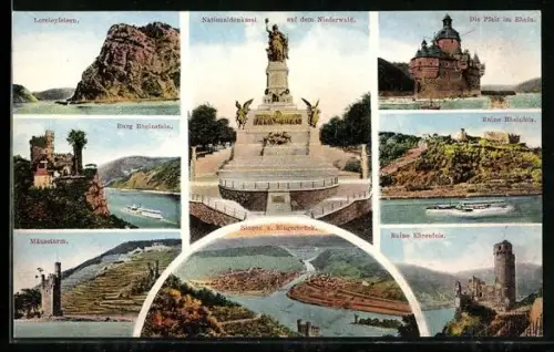 AK Bingen, Teilansicht mit Bingerbrück, Nationaldenkmal auf dem Niederwald, Ruine Ehrenfels