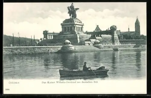 AK Koblenz, Kaiser Wilhelm-Denkmal am Deutschen Eck mit Boot