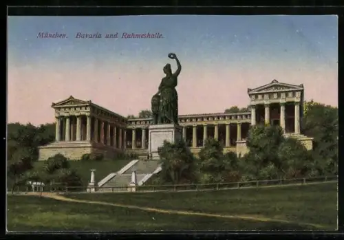 AK München, Pferdekutsche vor der Bavaria und Ruhmeshalle