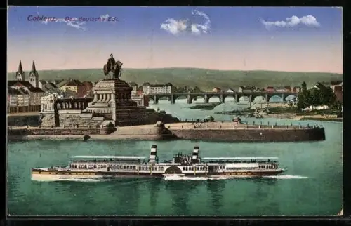 AK Coblenz, Deutsches Eck mit Denkmal