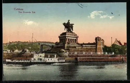AK Coblenz, Deutsches Eck mit Dampfer