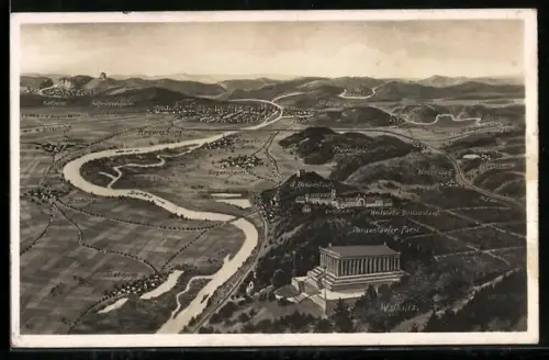 Künstler-AK Regensburg, Panorama mit Walhalla, Heilstätte Donaustauf und Tegernheim