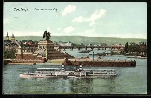 AK Coblenz, Deutsches Eck mit Denkmal