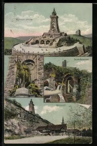 AK Kyffhäuser, Teilansichten mit Denkmal, Barbarossa, Reiterstandbild, Wirtschaft