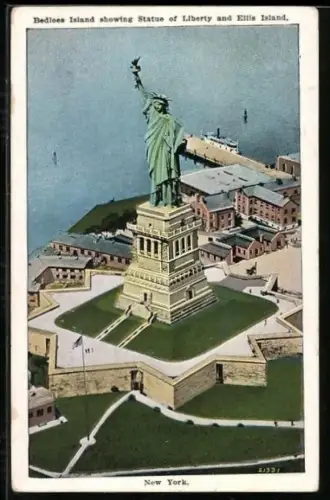 AK New York, Bedloes Island showing Statue of Liberty and Ellis Island
