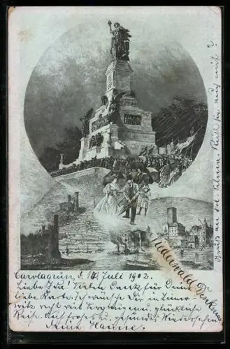 Künstler-AK Niederwald, Nationaldenkmal mit Besuchern