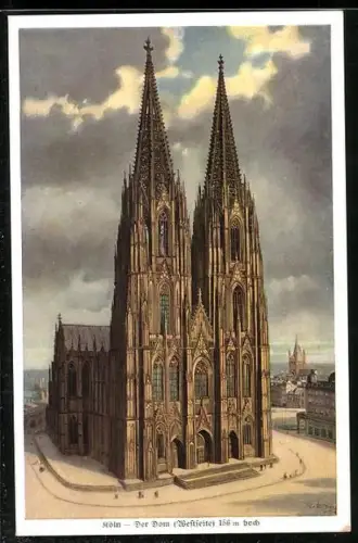 Künstler-AK Köln, Der Kölner Dom, Westseite mit Passanten