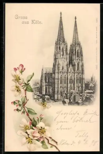 AK Köln, Kölner Dom mit Blumen im Passepartout