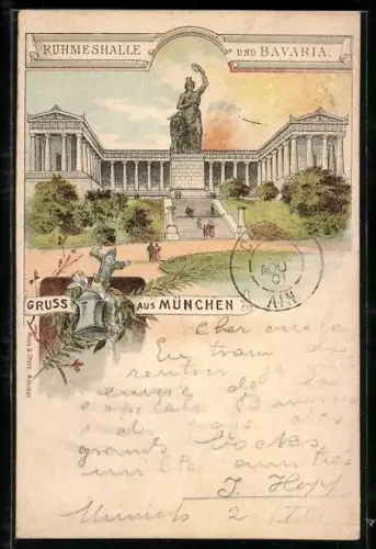 Lithographie München, Ruhmeshalle und Bavaria