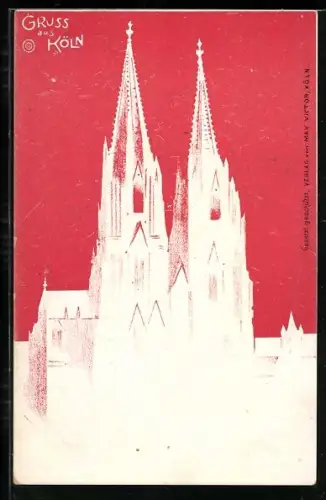 AK Köln, Kölner Dom auf rotem Hintergrund