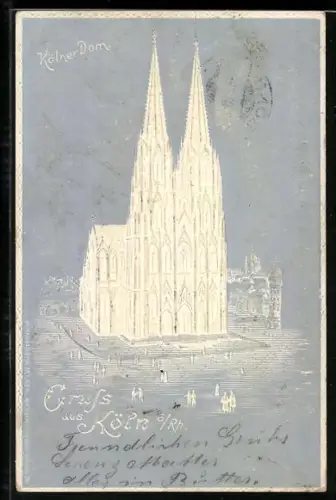Relief-AK Köln a. Rh., Kölner Dom mit Besuchern