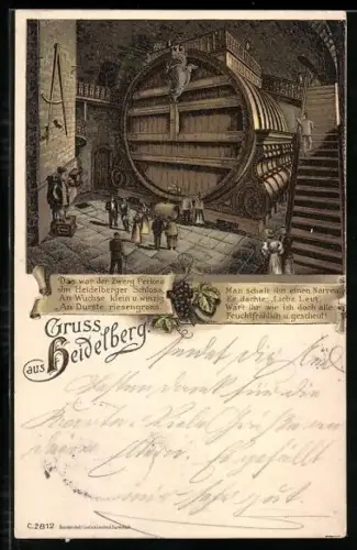 Lithographie Heidelberg, Schloss, Zwerg Perkeo, Weinfass, Innenansicht