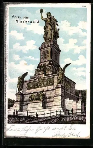 Lithographie Niederwald, Denkmal mit Besuchern