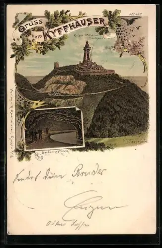 Lithographie Kyffhäuser, Kaiser Wilhelm Denkmal mit Barbarossa Höhle