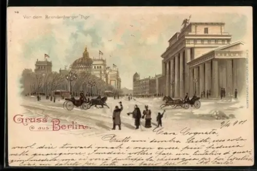 Lithographie Berlin-Tiergarten, vor dem Brandenburger Tor, Passanten und Pferdekutschen