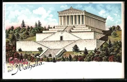 Lithographie Donaustauf, Gesamtansicht der Walhalla