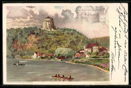 Lithographie Kehlheim, Totale mit Befreiungshalle