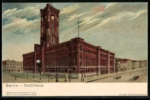 Künstler-Lithographie Berlin, Rathaus in der Königstrasse mit Litfasssäule und Strassenbahn
